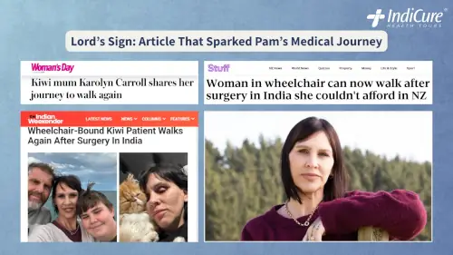 A collage of news articles from Woman's Day and Stuff NZ detailing Karolyn Carroll's successful surgery in India.